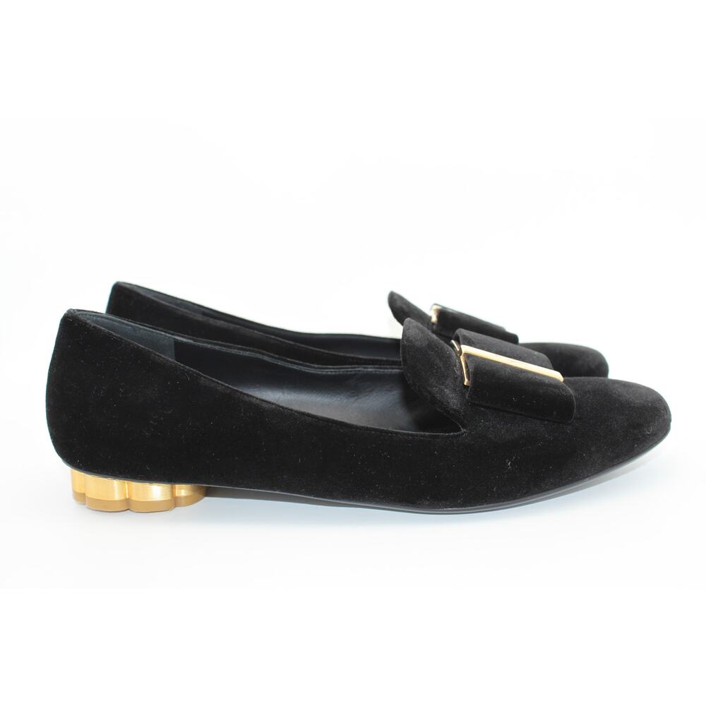 Salvatore Ferragamo Black Velvet Suede Gold Flats Flower Heel Shoes Size 8 - Picture 5 of 13